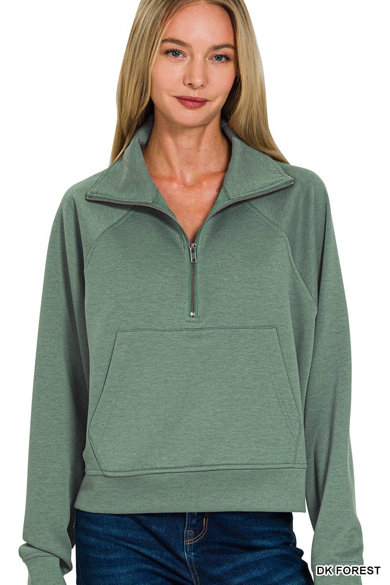 Scuba Half Zip Pullover With Kangaroo Pocket Zenana