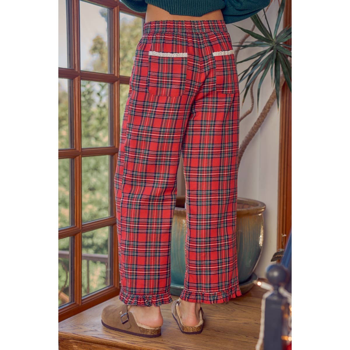 RUFFLED BOTTOM DETAIL CHRISTMAS PLAID CHECK LACE TRIM PANTS
