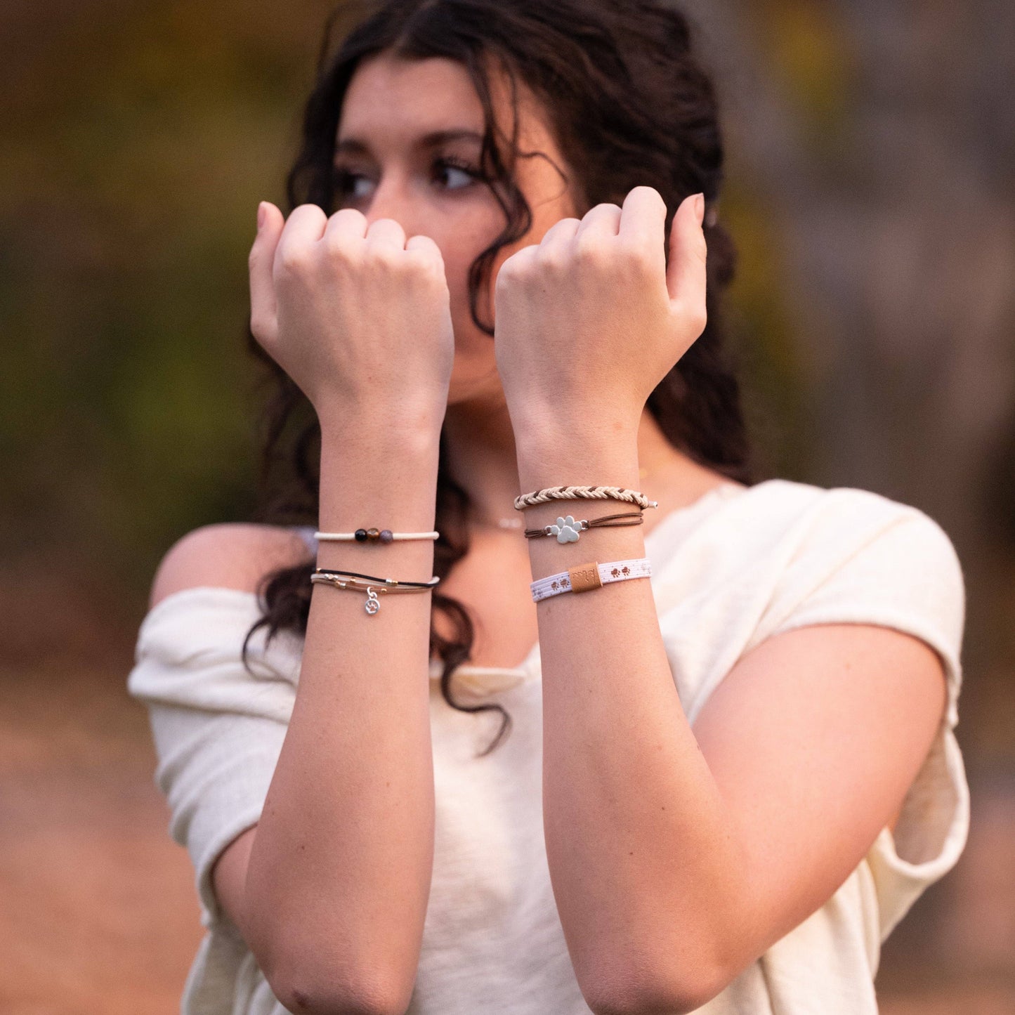 "Paws" Natural Hues with Silver & Paw Accents Hair Tie Bracelet