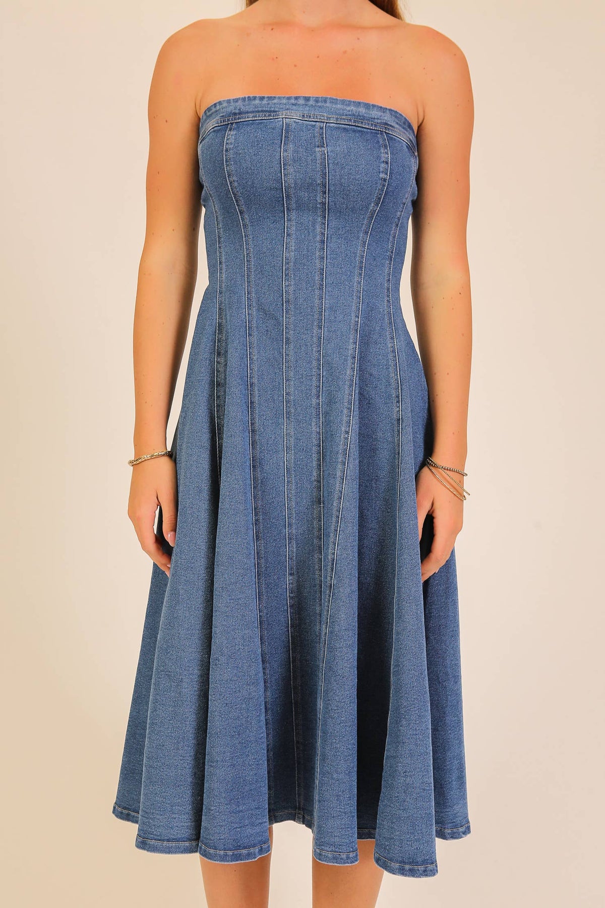 Strapless Stretch Denim Midi Dress