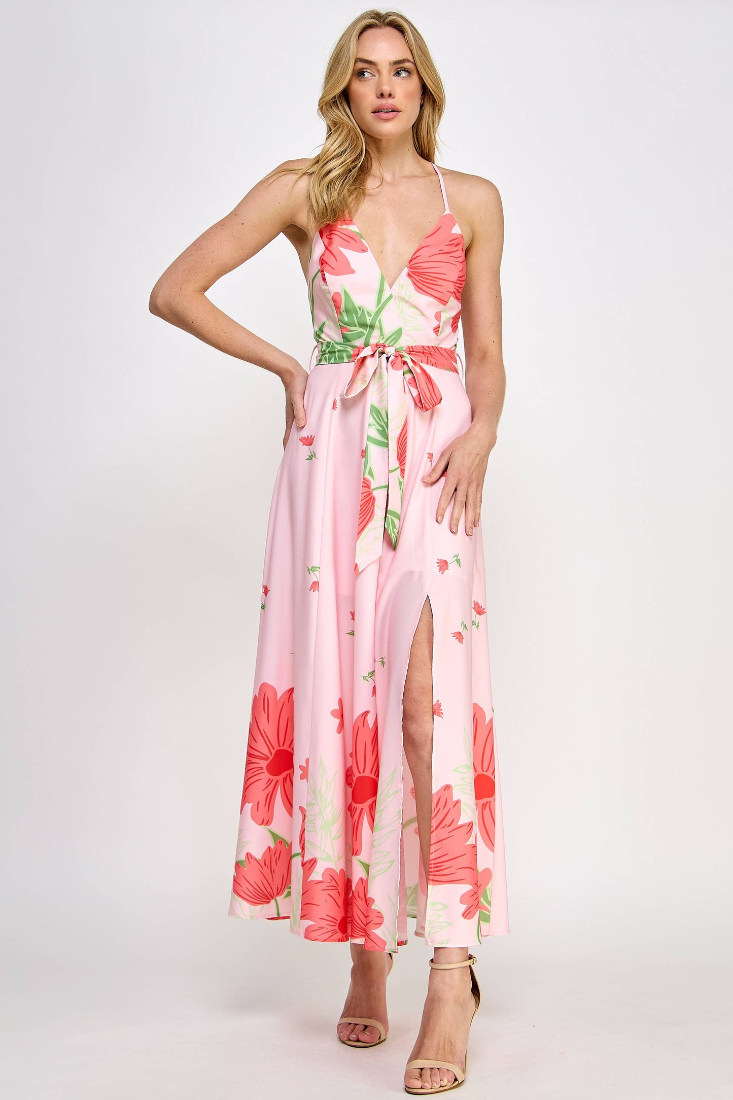 Floral Border Print Side Slit Maxi Dress