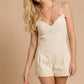 Washed Denim V-Neck Romper with Pleat Detail & Tie Straps