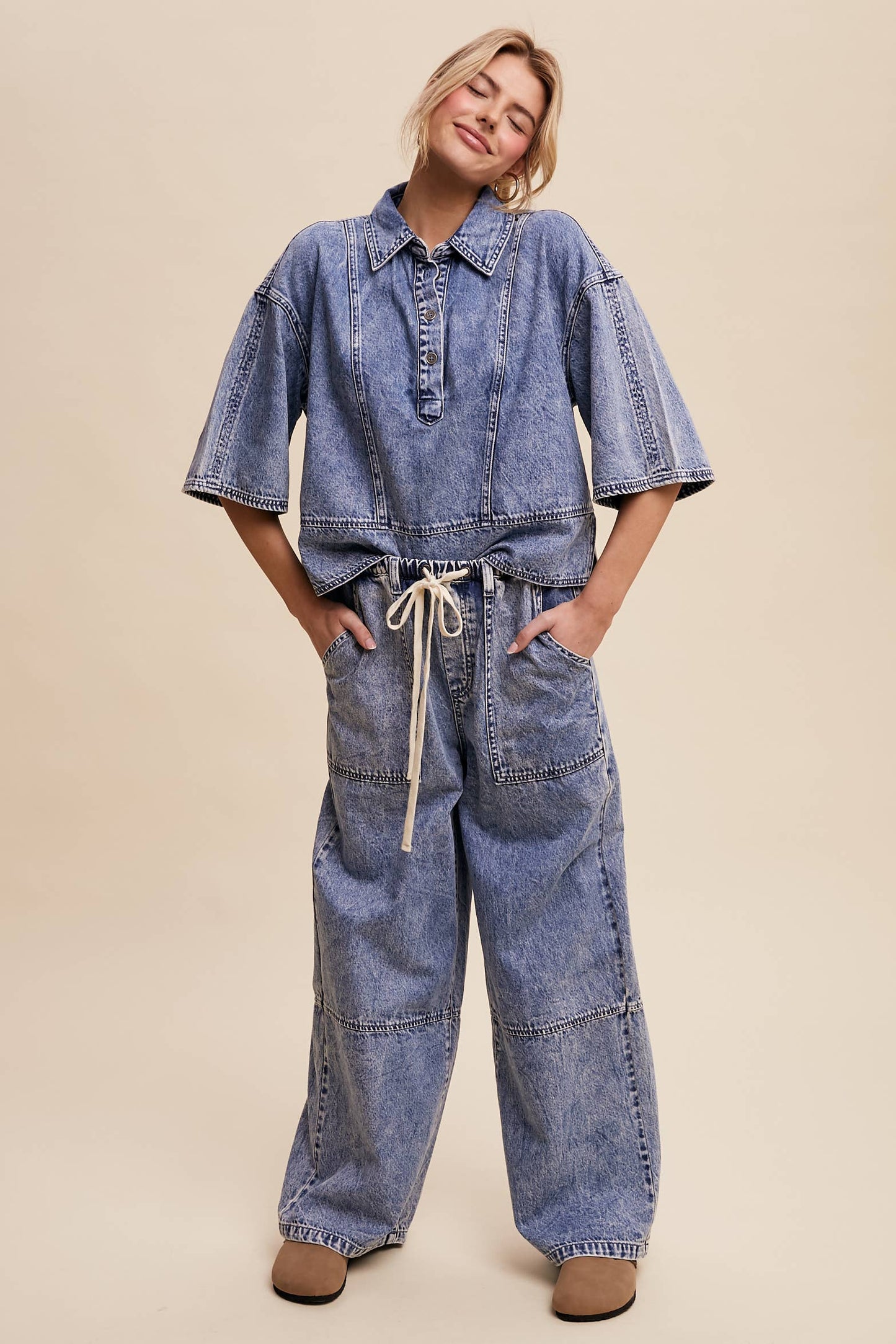 Wide-Leg Denim Drawstring Pants LP0256