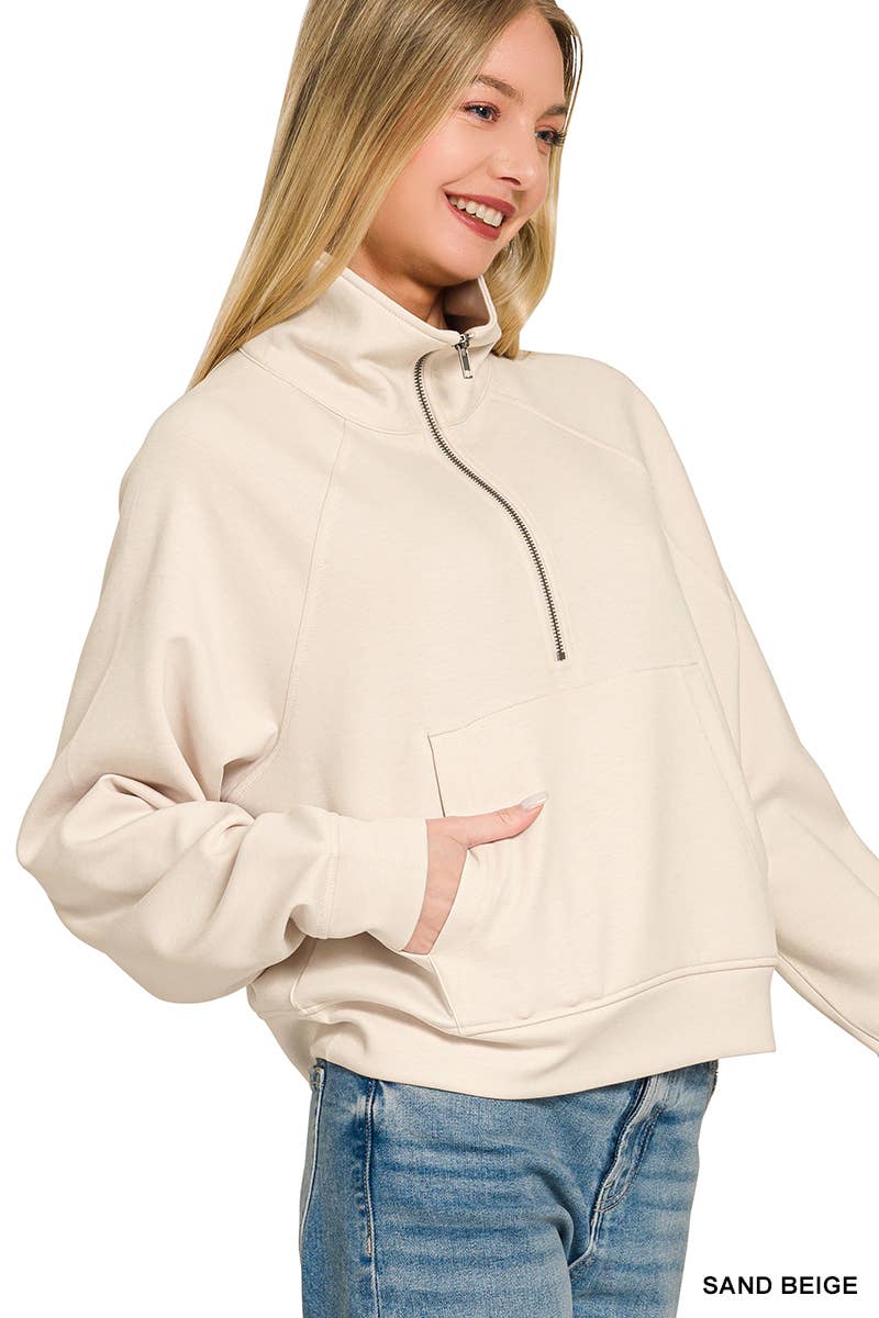 Scuba Half Zip Pullover With Kangaroo Pocket Zenana