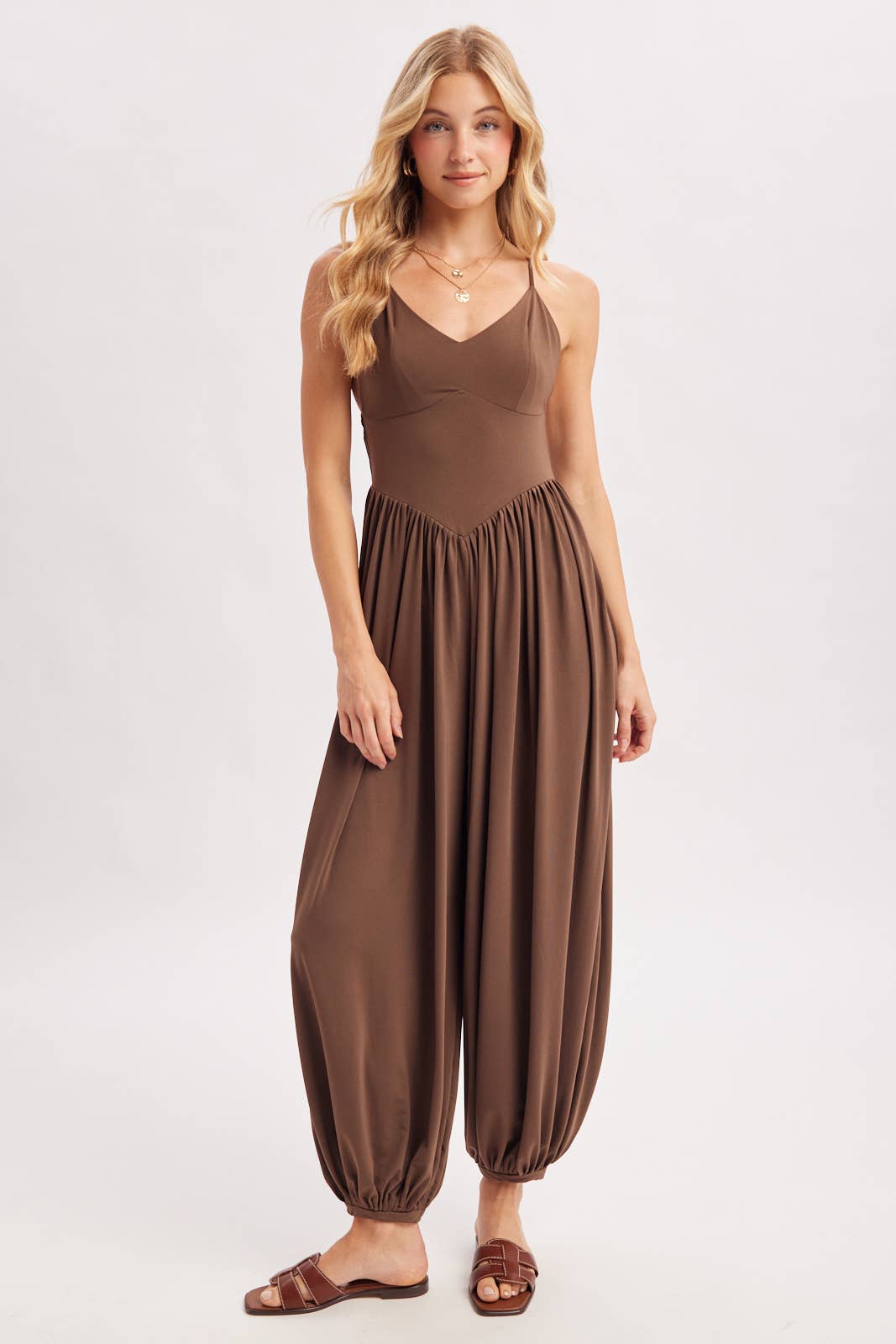 V-NECK RELAXED FLOWY LEGS JUMPSUIT CRISS-CROSS OPEN BACK