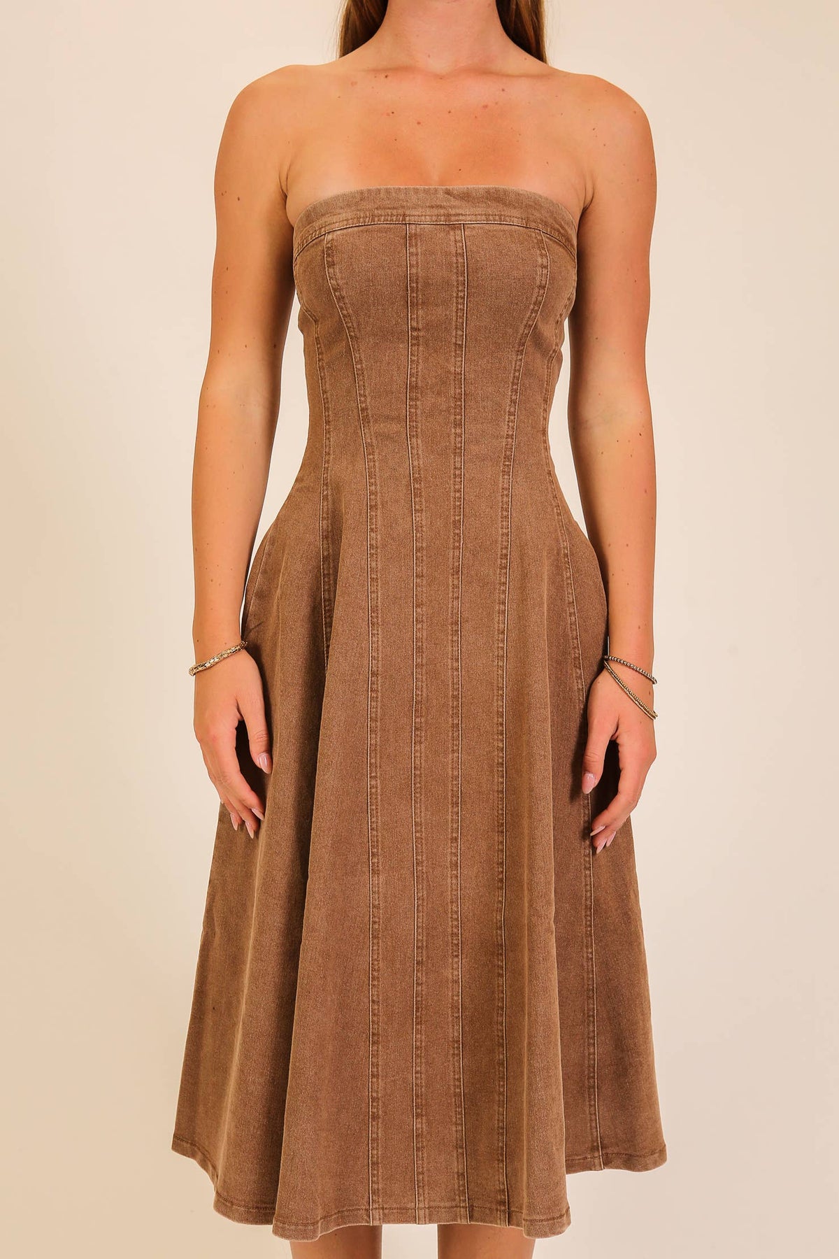 Strapless Stretch Denim Midi Dress