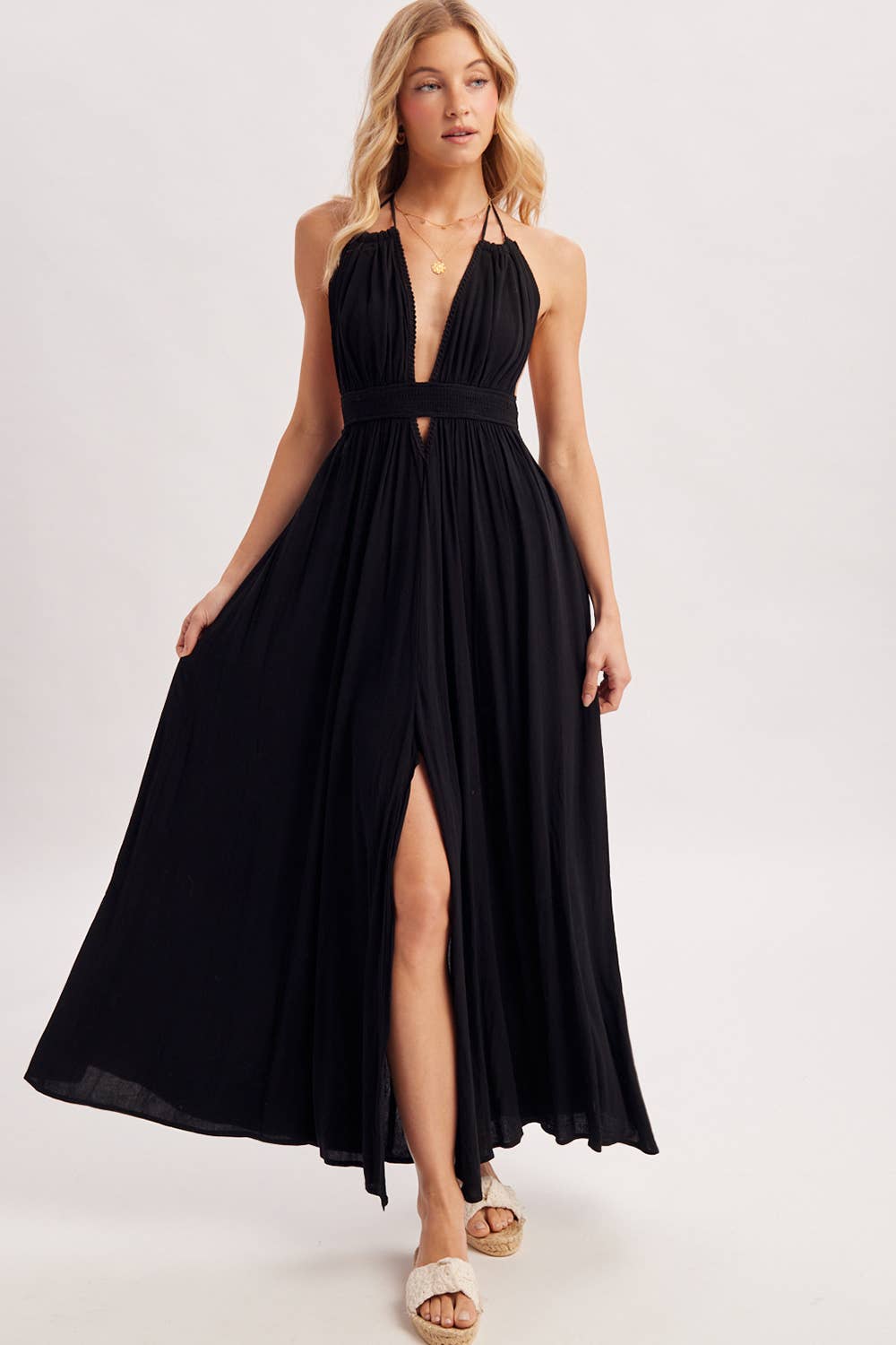 A CRINKLY CREPE DEEP V-NECK HALTER MAXI SUNDRESS