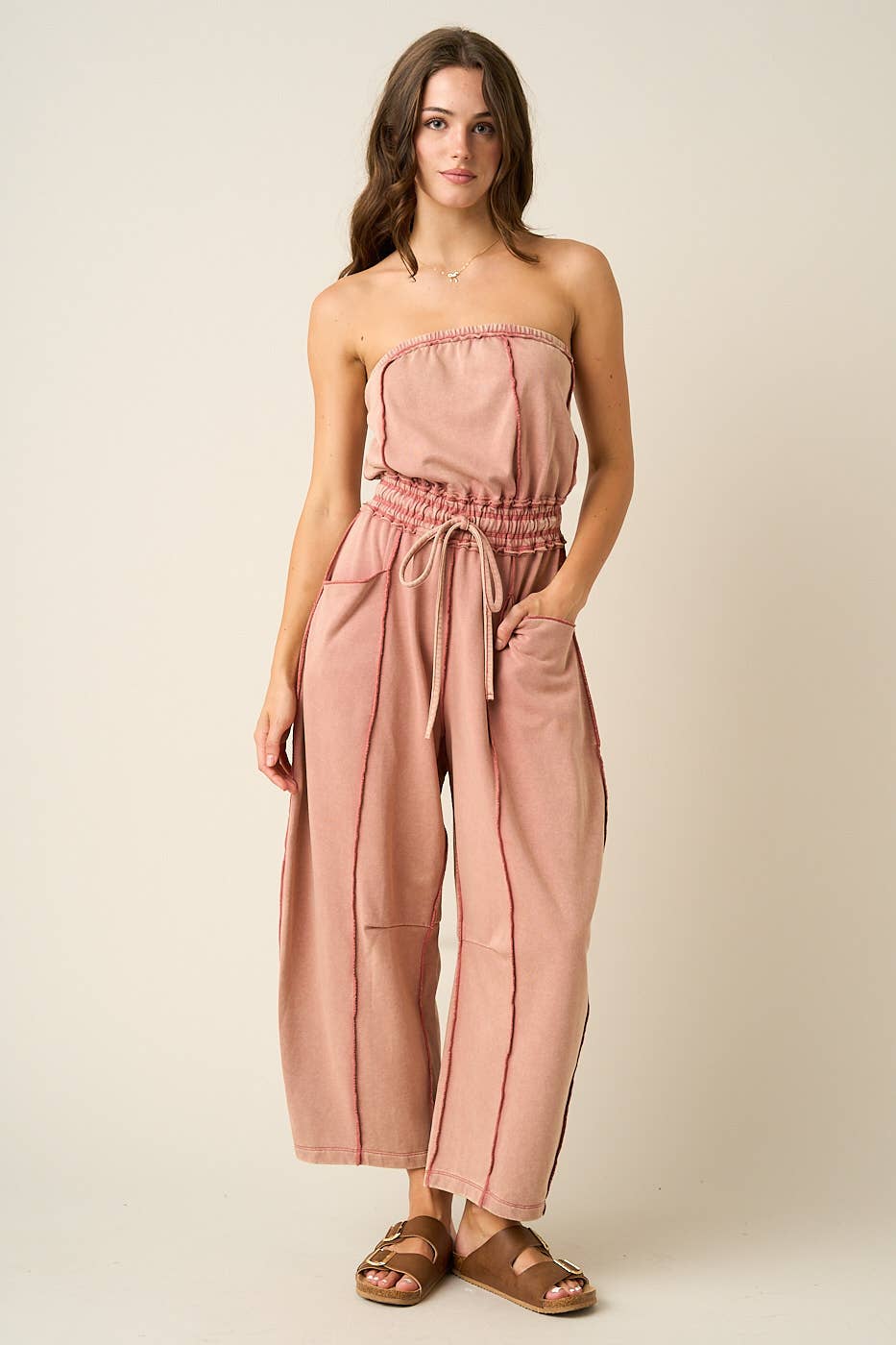 MINERAL WASH CONTRAST STITCH BARREL LEG JUMPSUIT