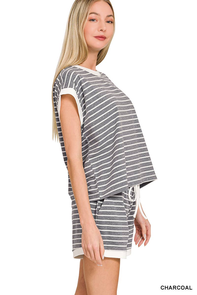 Stripe Contrast Trim Top And Shorts Set