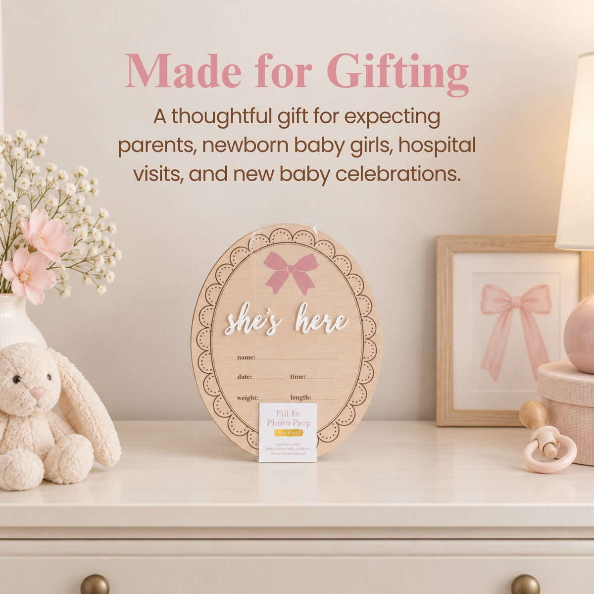 Wooden Birth Announcement Fill-In Photo Prop, She's Here