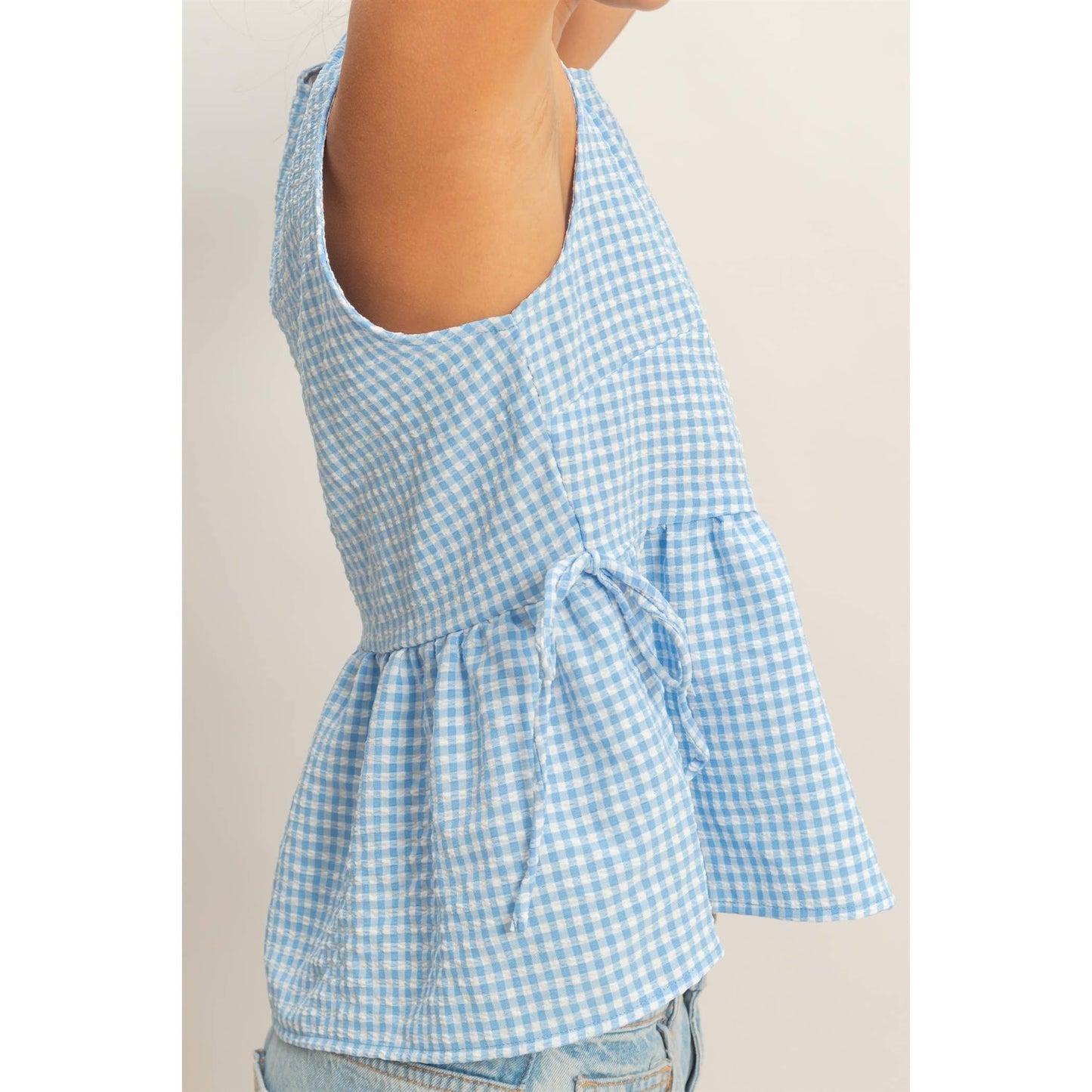 Gingham Sleeveless Peplum Top With Side Ties