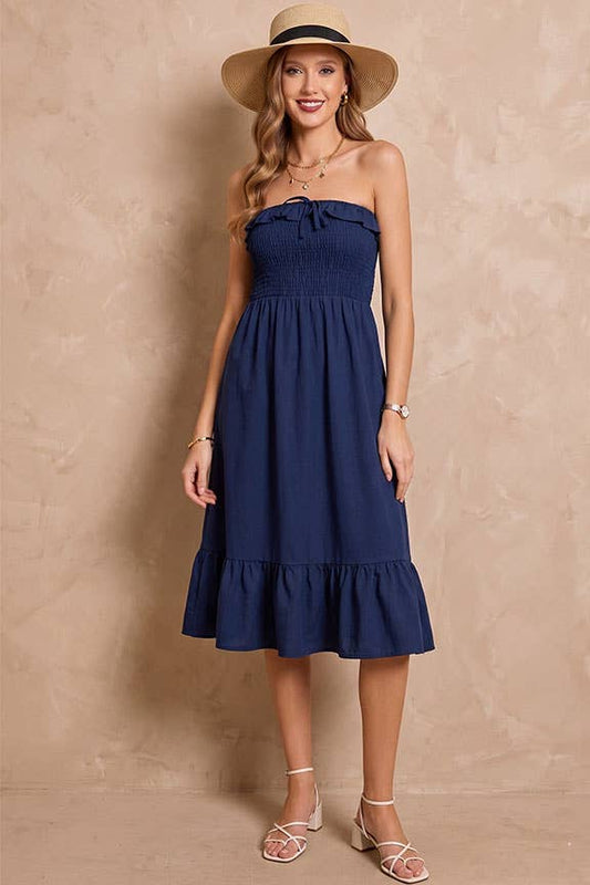 Strapless Smocked Midi Dress