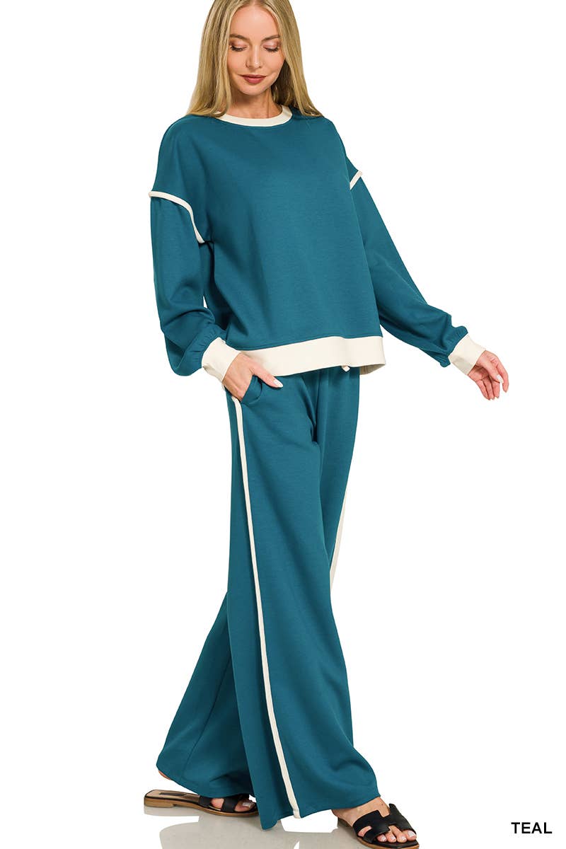 Scuba Contrast Trim Piping Detail Sweatshirts & Pants 2PC Se