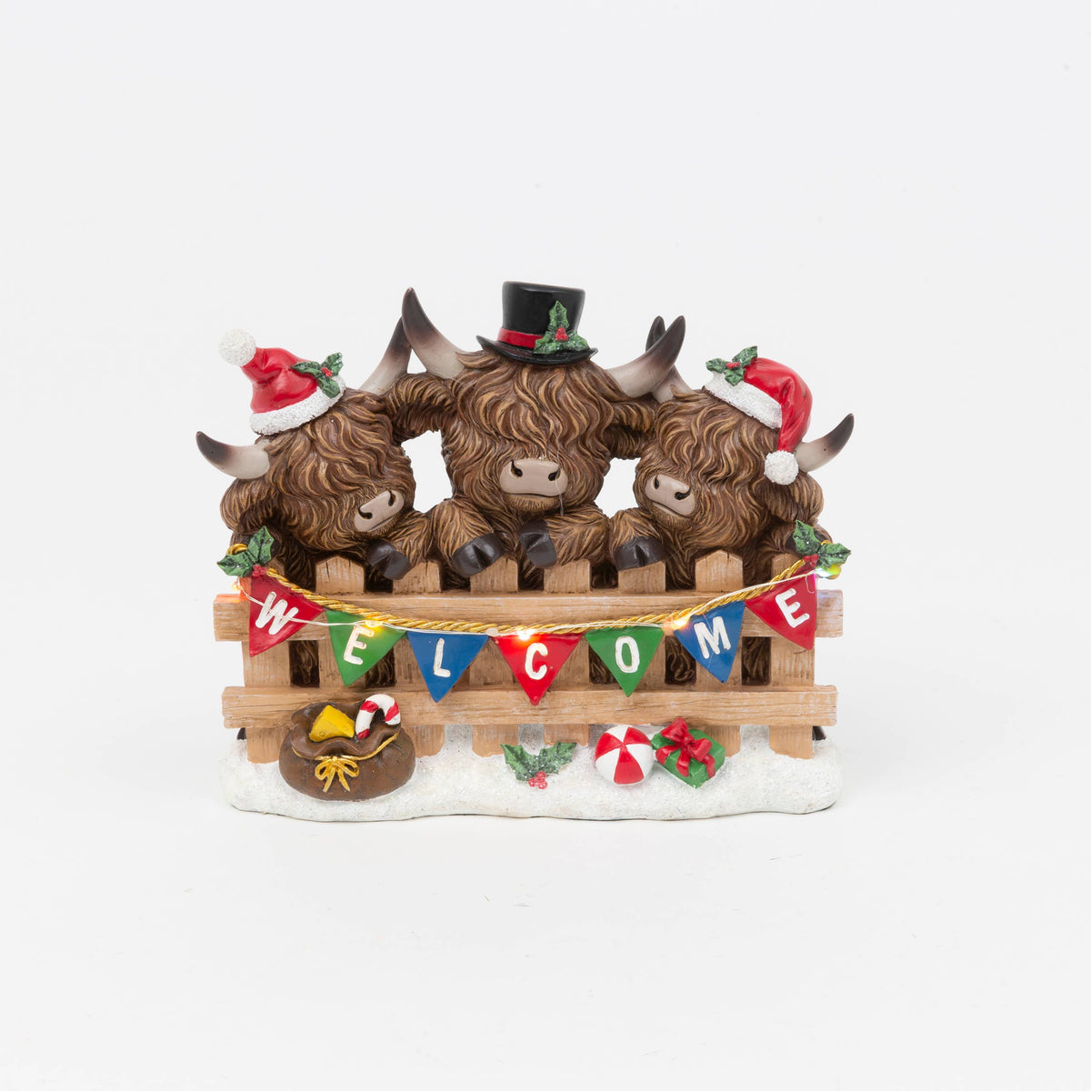 Christmas Lighted Resin Highland Cow with Timer 8.27"L