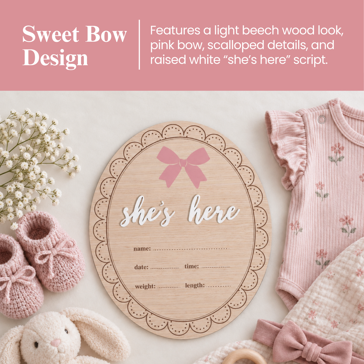 Wooden Birth Announcement Fill-In Photo Prop, She's Here