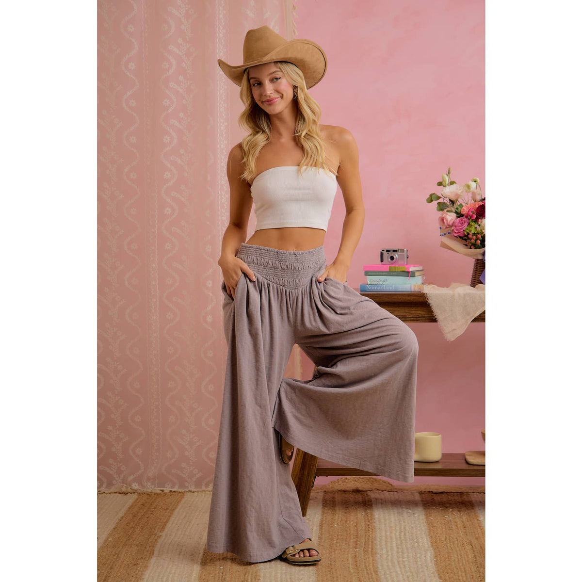 WOMEN SMOCKED WAIST WIDE LEG PULL ON PANTS