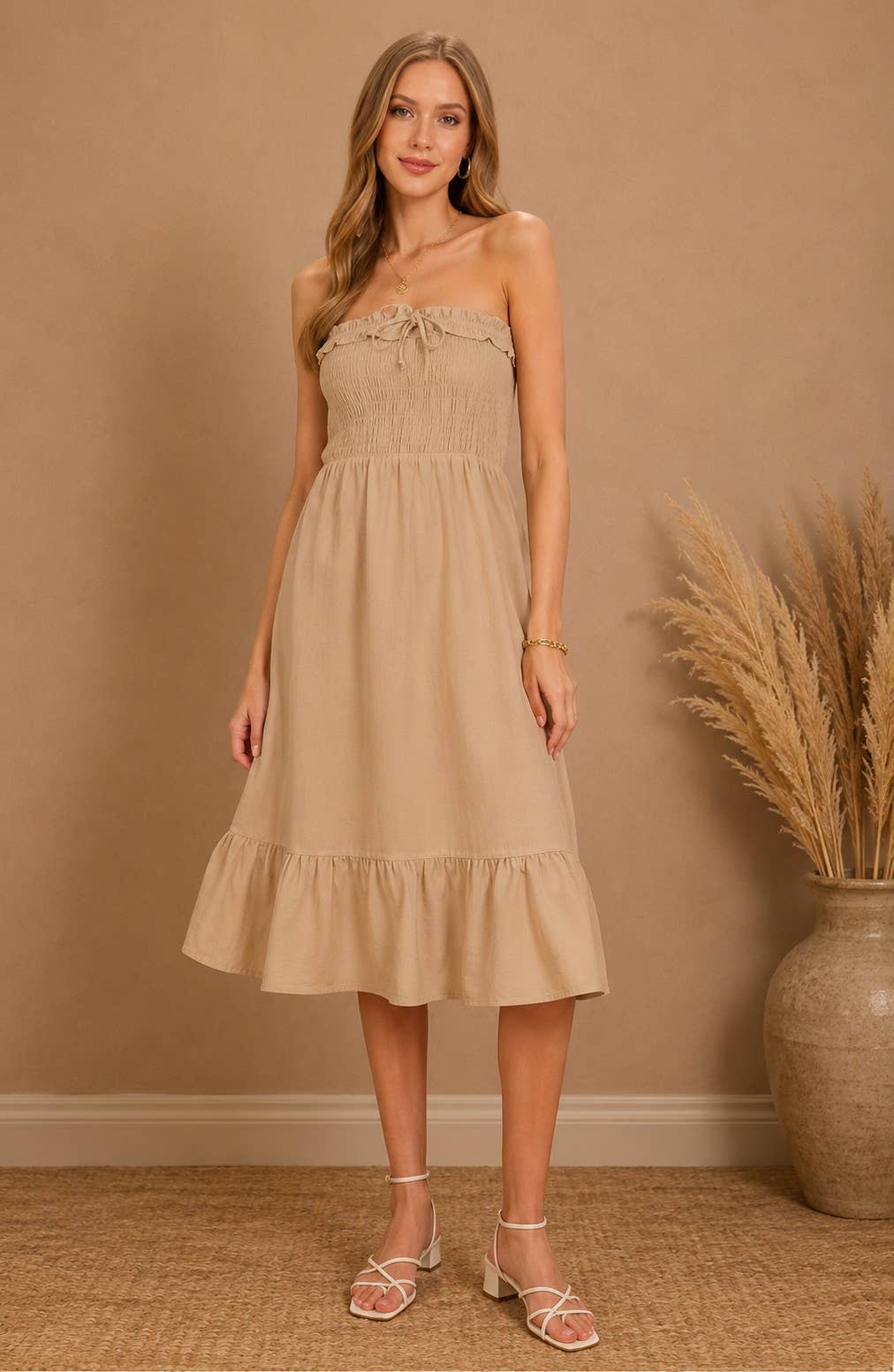 Strapless Smocked Midi Dress