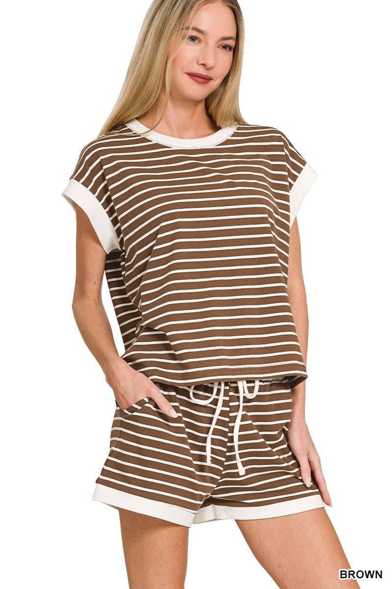 Stripe Contrast Trim Top And Shorts Set