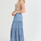 26P74-ASIS TIERED MAXI SKIRT WITH LACE TRIM AND SLIT