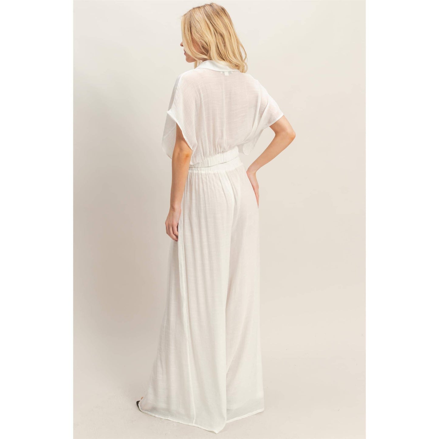 Collared Wrap Top & Wide-Leg Pants Set