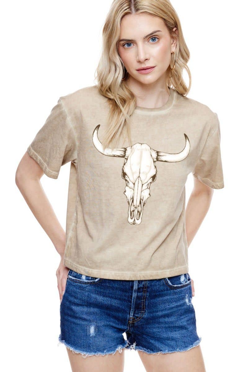 PUFF' Cow Skull Graphic S/S Lunar Dye Faux Crop