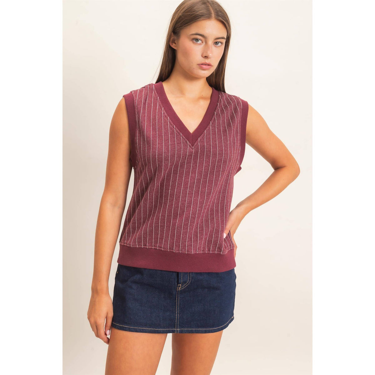 V-Neck Pinstripe Sleeveless Top