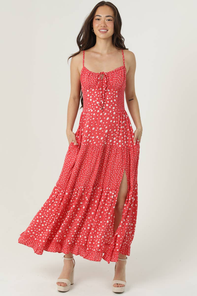 C4C84-FQ00-AA25 MIX POLKA DOTS MAXI DRESS WITH SIDE SLIT AND