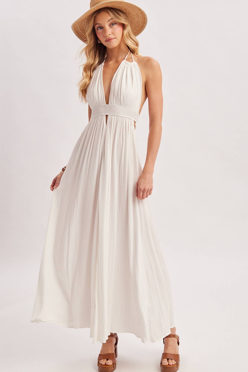 A CRINKLY CREPE DEEP V-NECK HALTER MAXI SUNDRESS