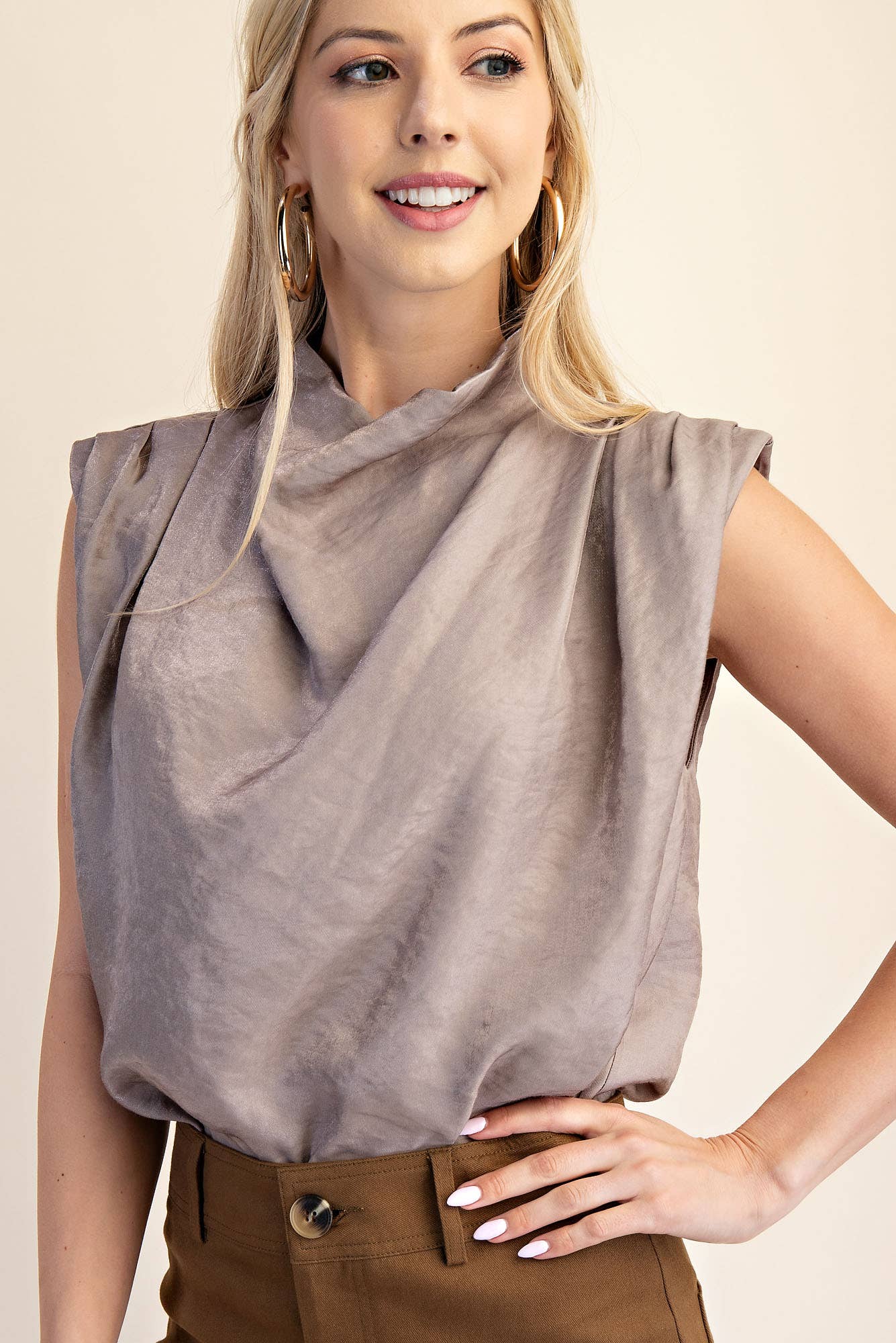 Cowl Neck Pleats Sleeveless Top