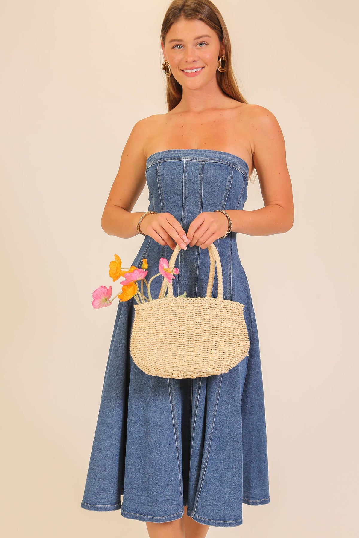 Strapless Stretch Denim Midi Dress