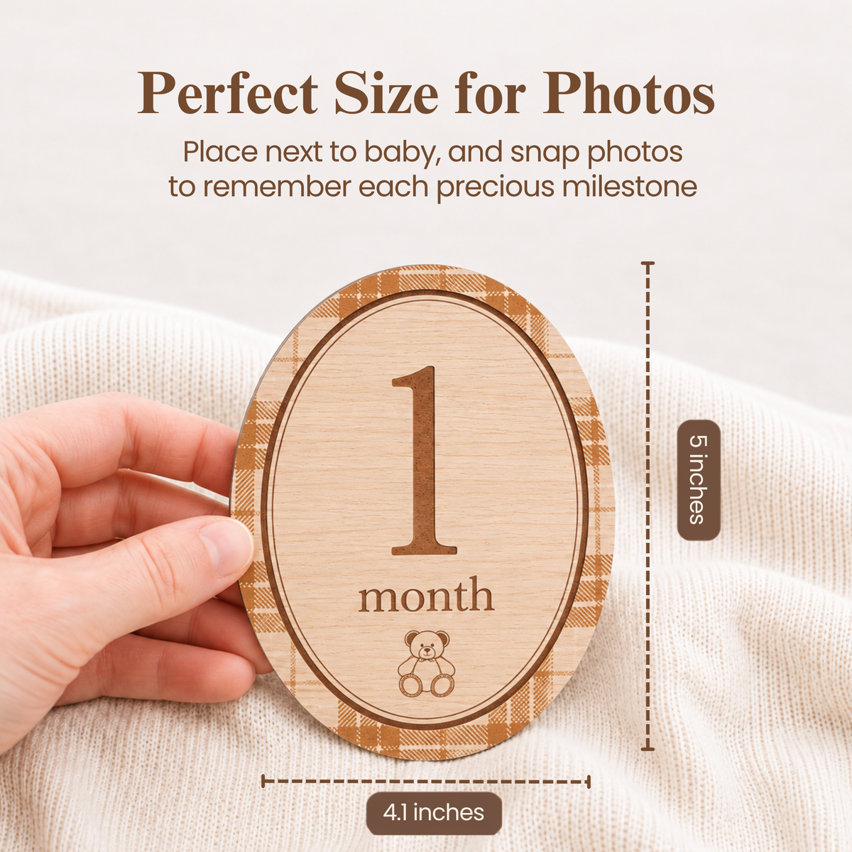 Wooden Monthly Milestone Photo Props Discs, Oval Bear