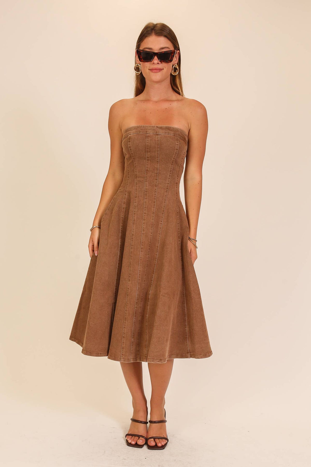 Strapless Stretch Denim Midi Dress