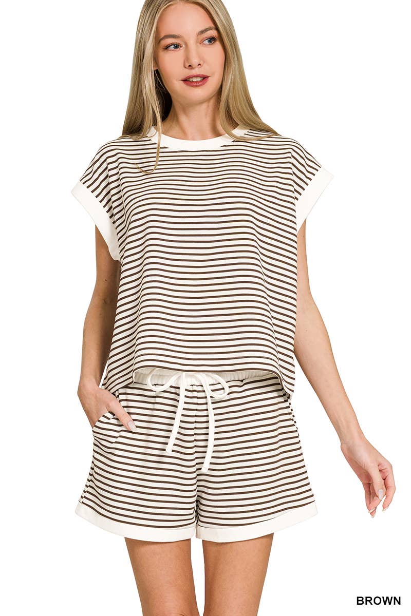 ....Stripe Contrast Trim Top & Shorts Set