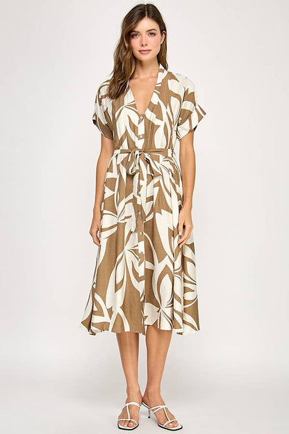 Abstract short sleeve midi dress