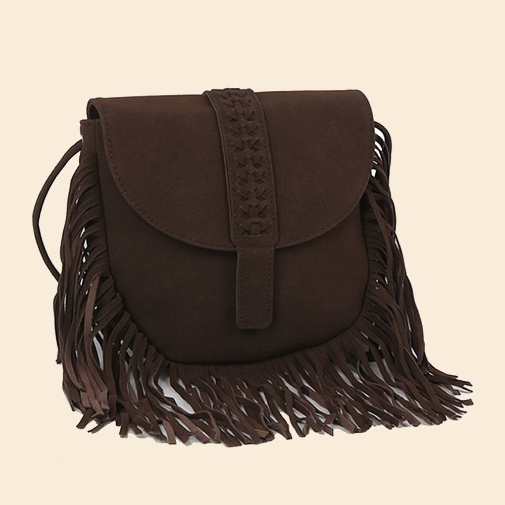 Suede Fringe Flap Boho Crossbody Bag