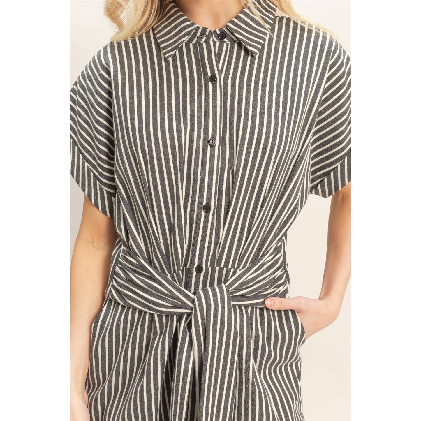 Collared Striped Romper With Sash