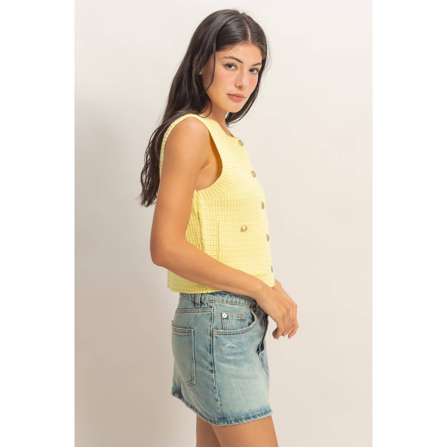 Textured Button-Front Vest With Pocket