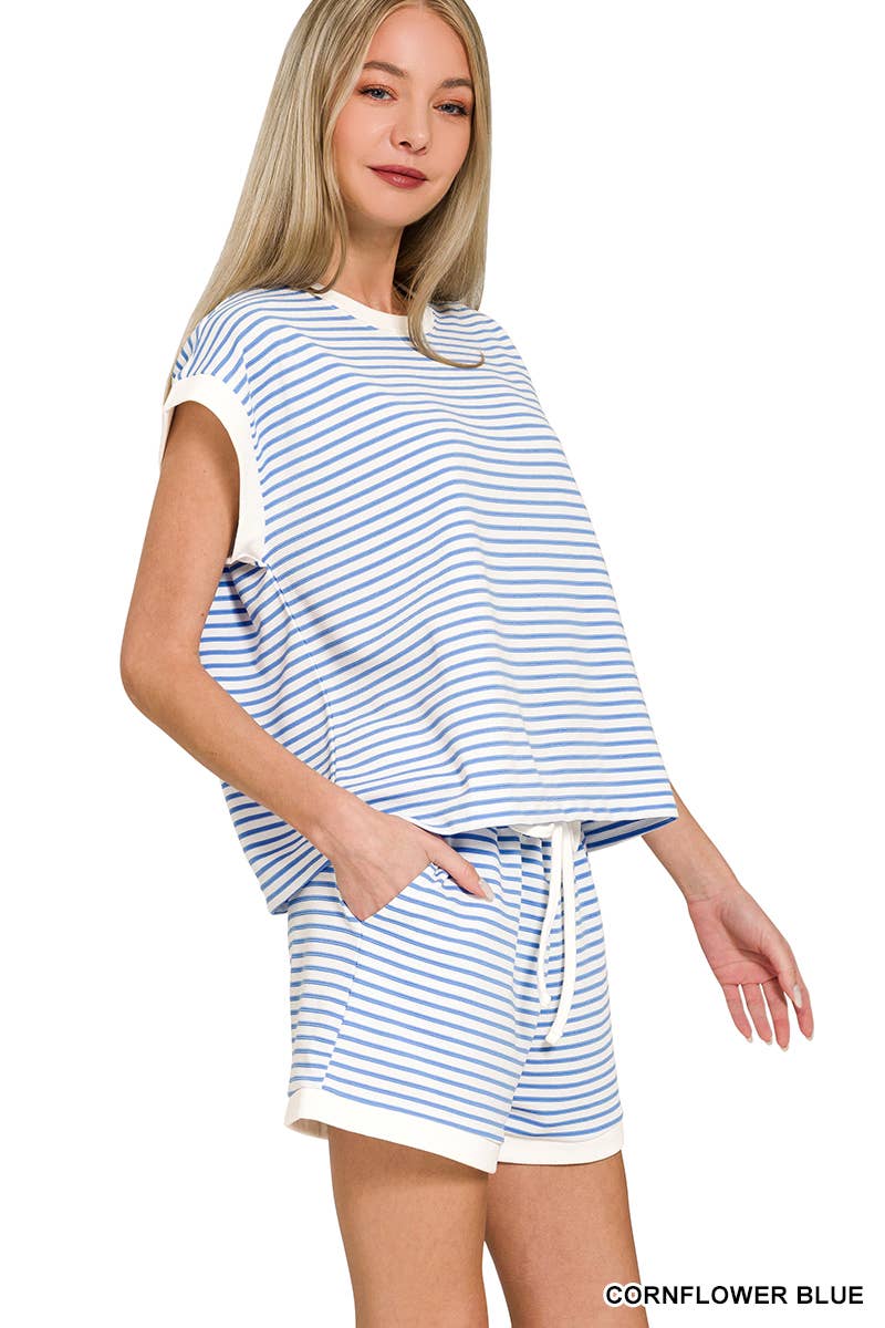 ....Stripe Contrast Trim Top & Shorts Set