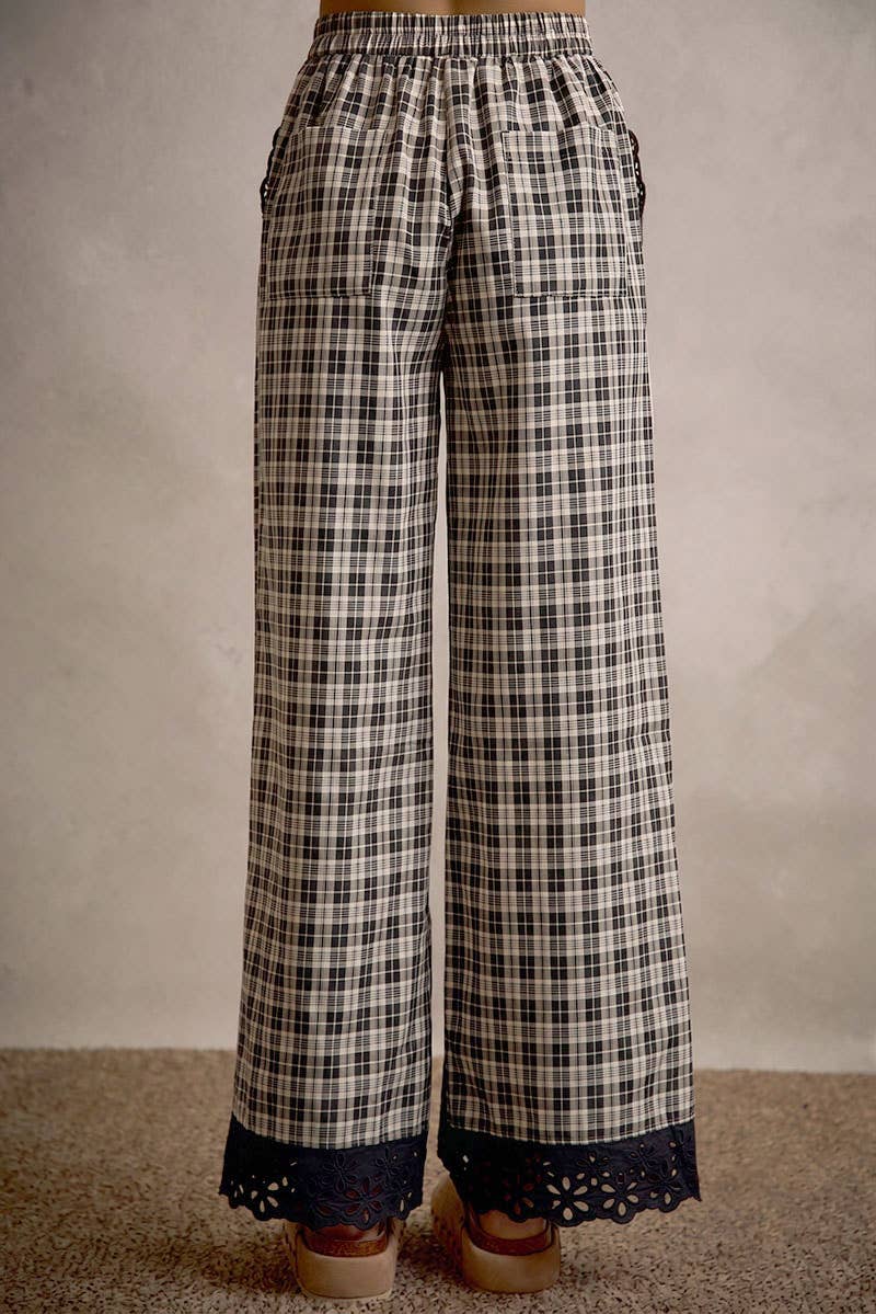 PLAID CHECK WIDE LEG PULL ON WIDE LEG PANTS WITH LACE