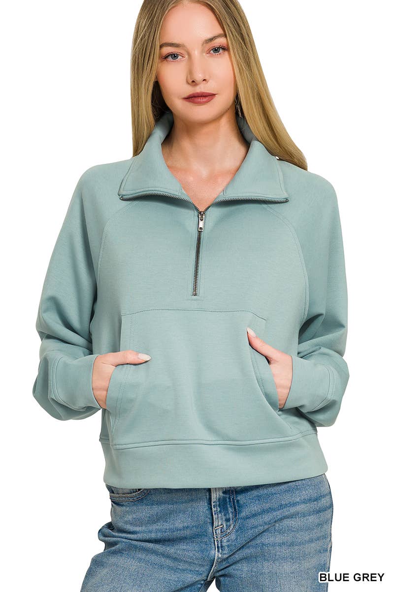Scuba Half Zip Pullover With Kangaroo Pocket Zenana