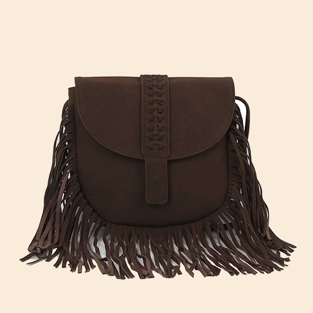 Suede Fringe Flap Boho Crossbody Bag