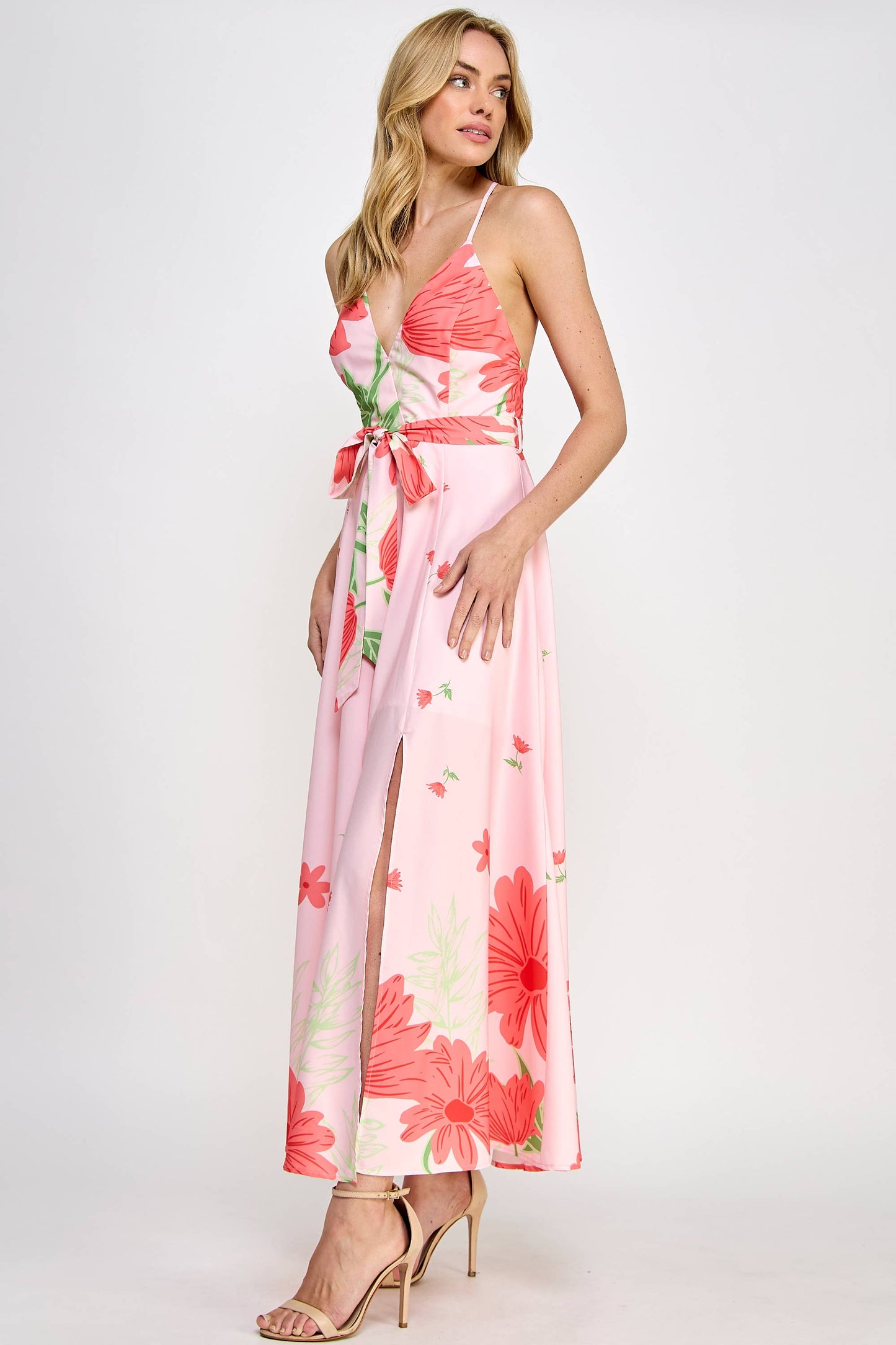 Floral Border Print Side Slit Maxi Dress
