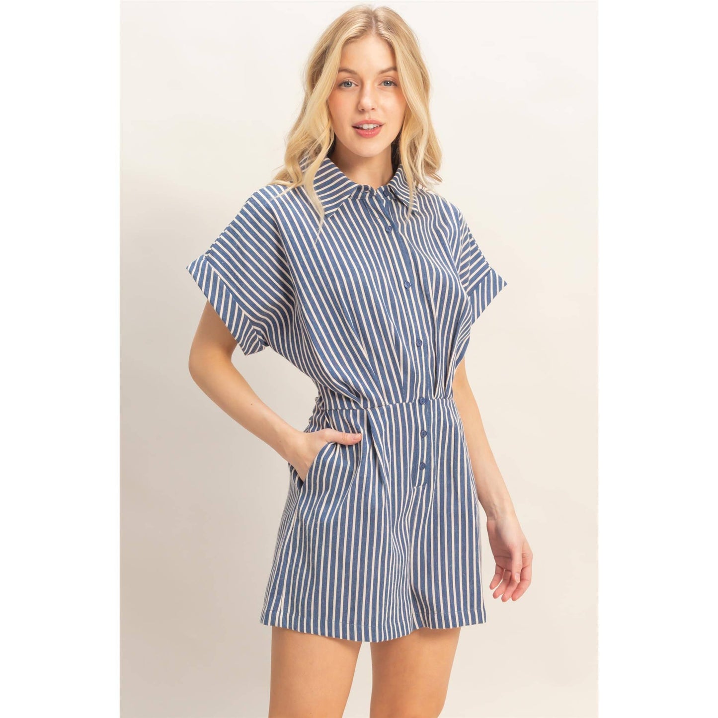 Collared Striped Romper With Sash