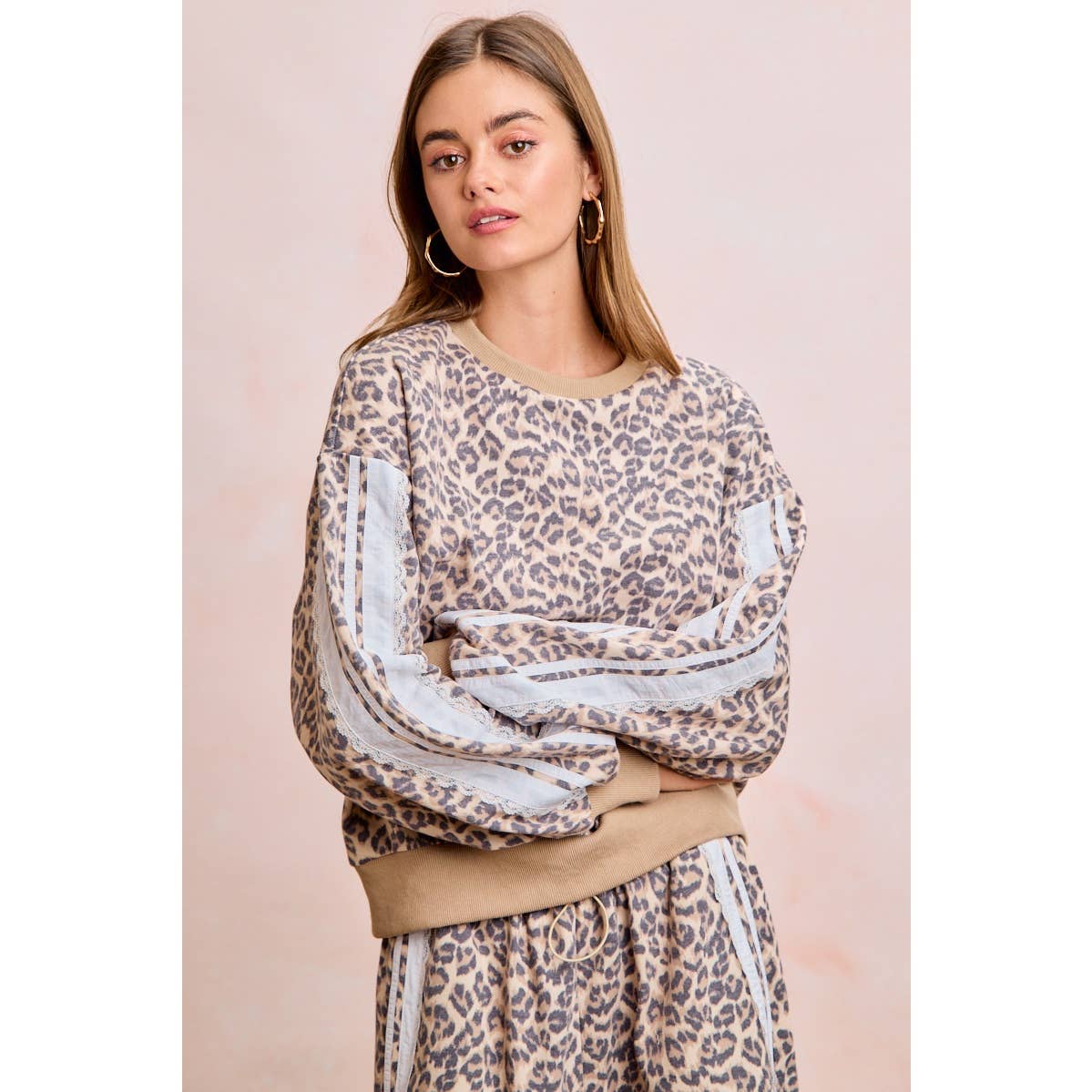 LEOPARD FRENCH TERRY LACE CONTRAST SWEATSHIRT TOP