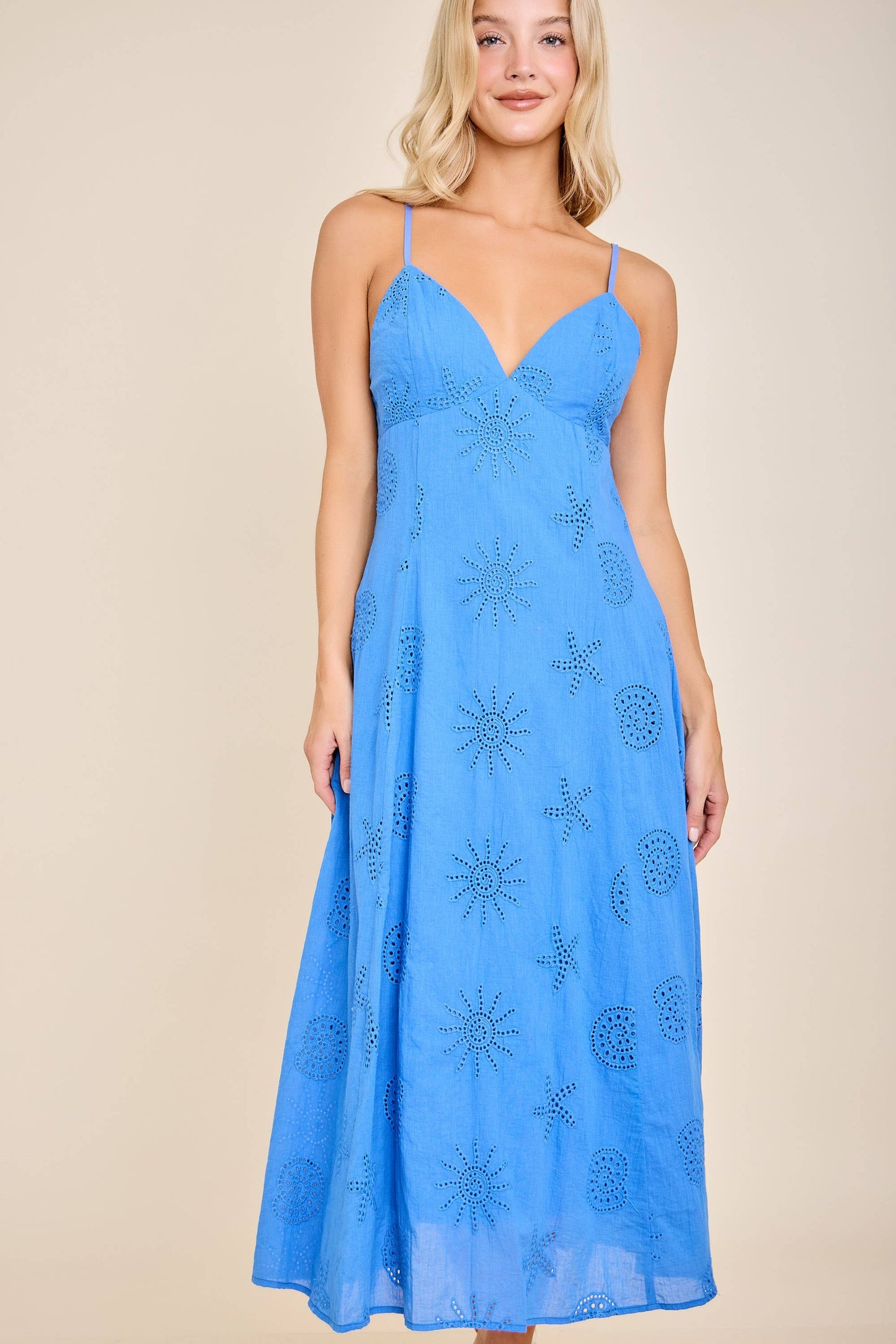 Eyelet Embroidered Spaghetti Strap Midi Dress