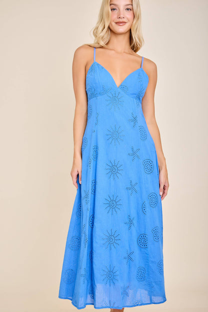 Eyelet Embroidered Spaghetti Strap Midi Dress