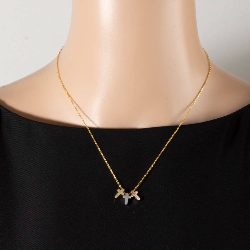 18K Gold Dipped 3 Cross Pendant Necklace