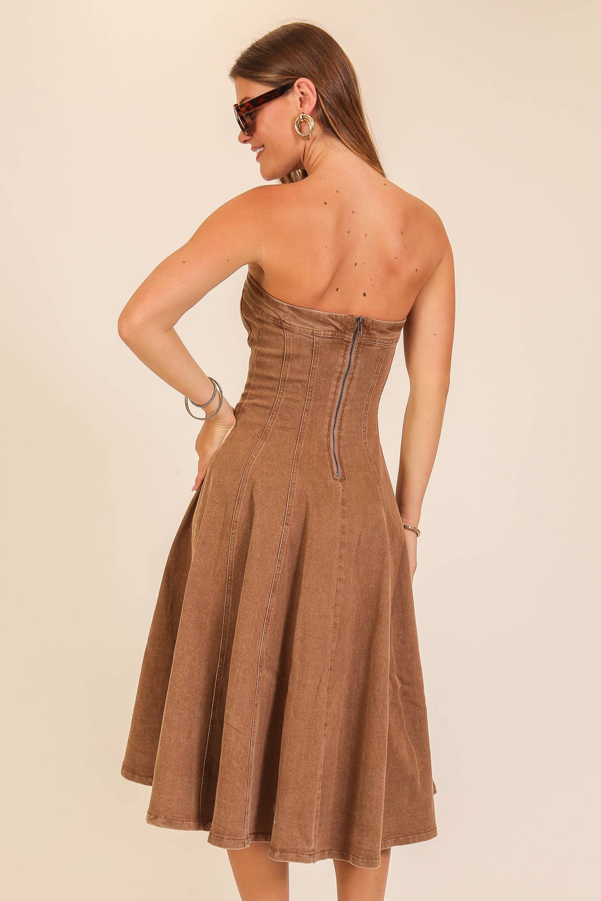 Strapless Stretch Denim Midi Dress