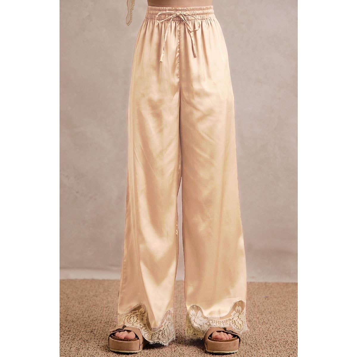 SATIN LACE TRIM WIDE LEG ELASTIC MID RISE PANTS