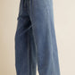 LACE TRIM WIDE LEG ELASTIC MID RISE DENIM PANTS